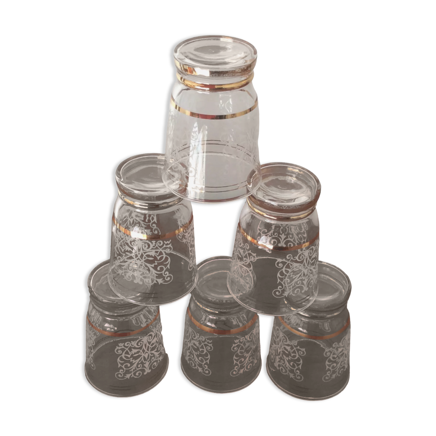 Set of 6 glasses decorations in relief arabesques white edges gilded - vintage