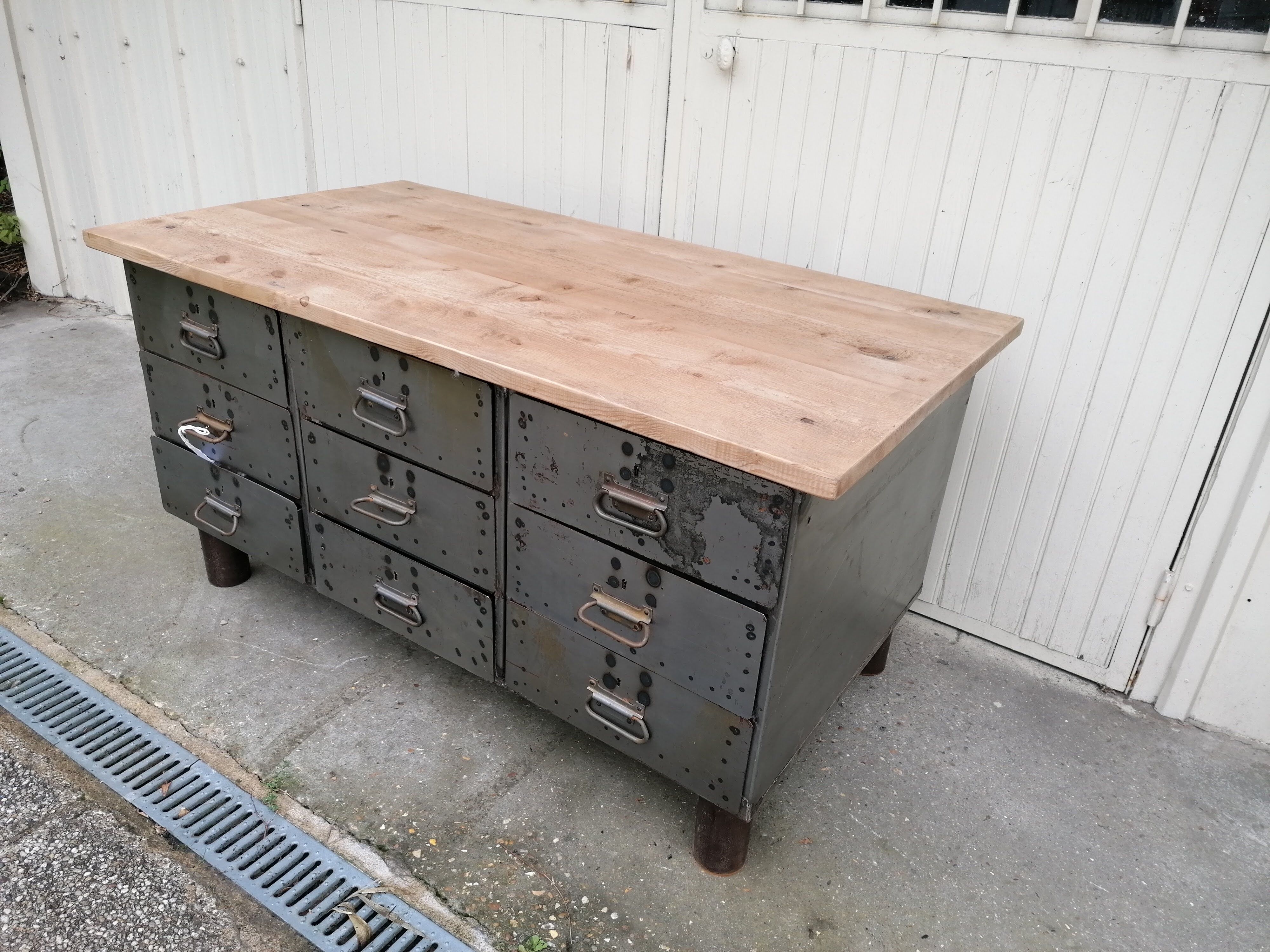 Antique workshop workbench, vintage, metal and wood