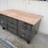 Antique workshop workbench, vintage, metal and wood