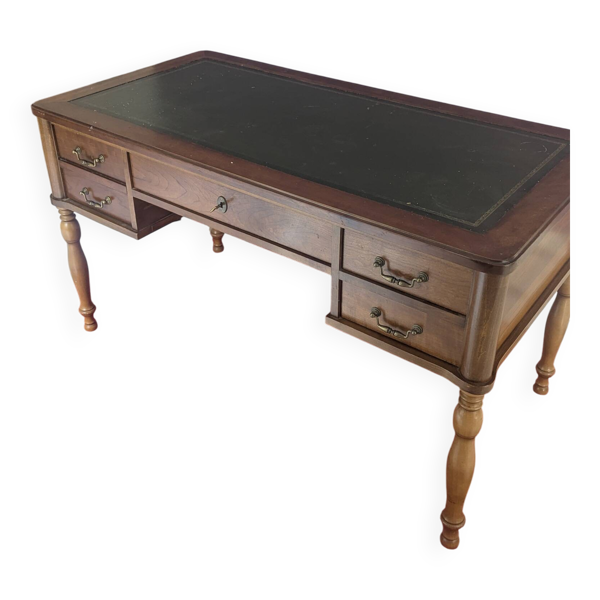 Bureau de ministre classique en bois et sous-main en cuir vert bouteille