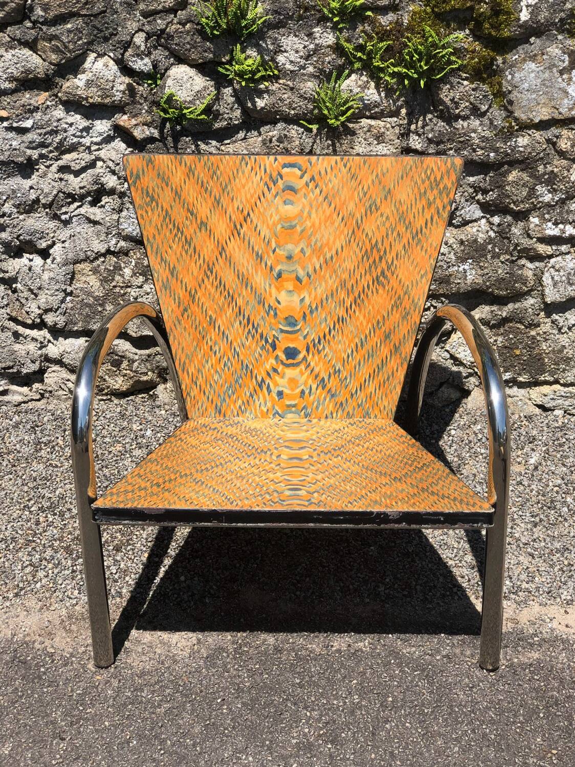 Pair of 2 atypical armchairs wood, chrome and leather vintage 1980