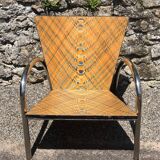 Pair of 2 atypical armchairs wood, chrome and leather vintage 1980