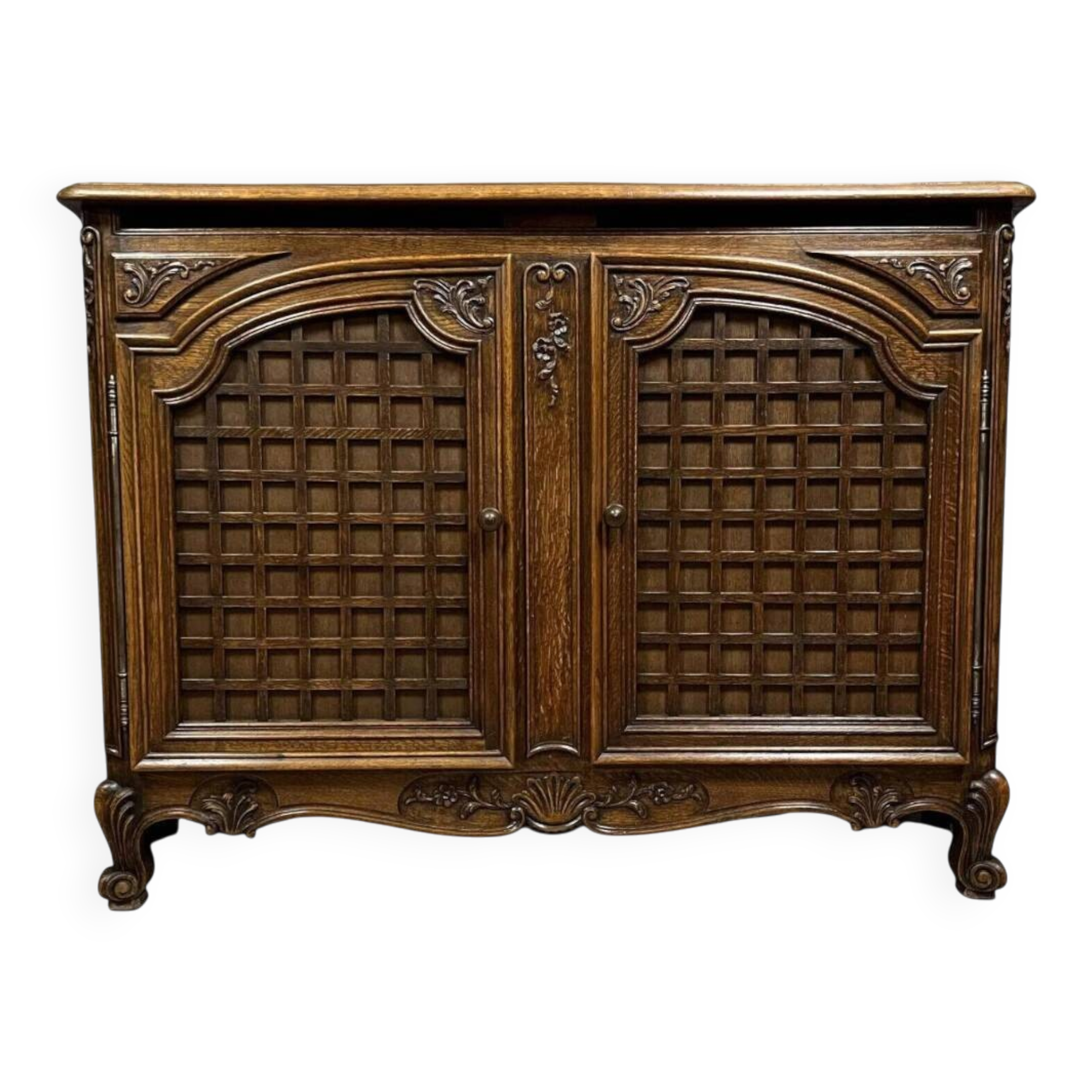 curved wooden buffet with double secret compartment in Louis XV style made of oak