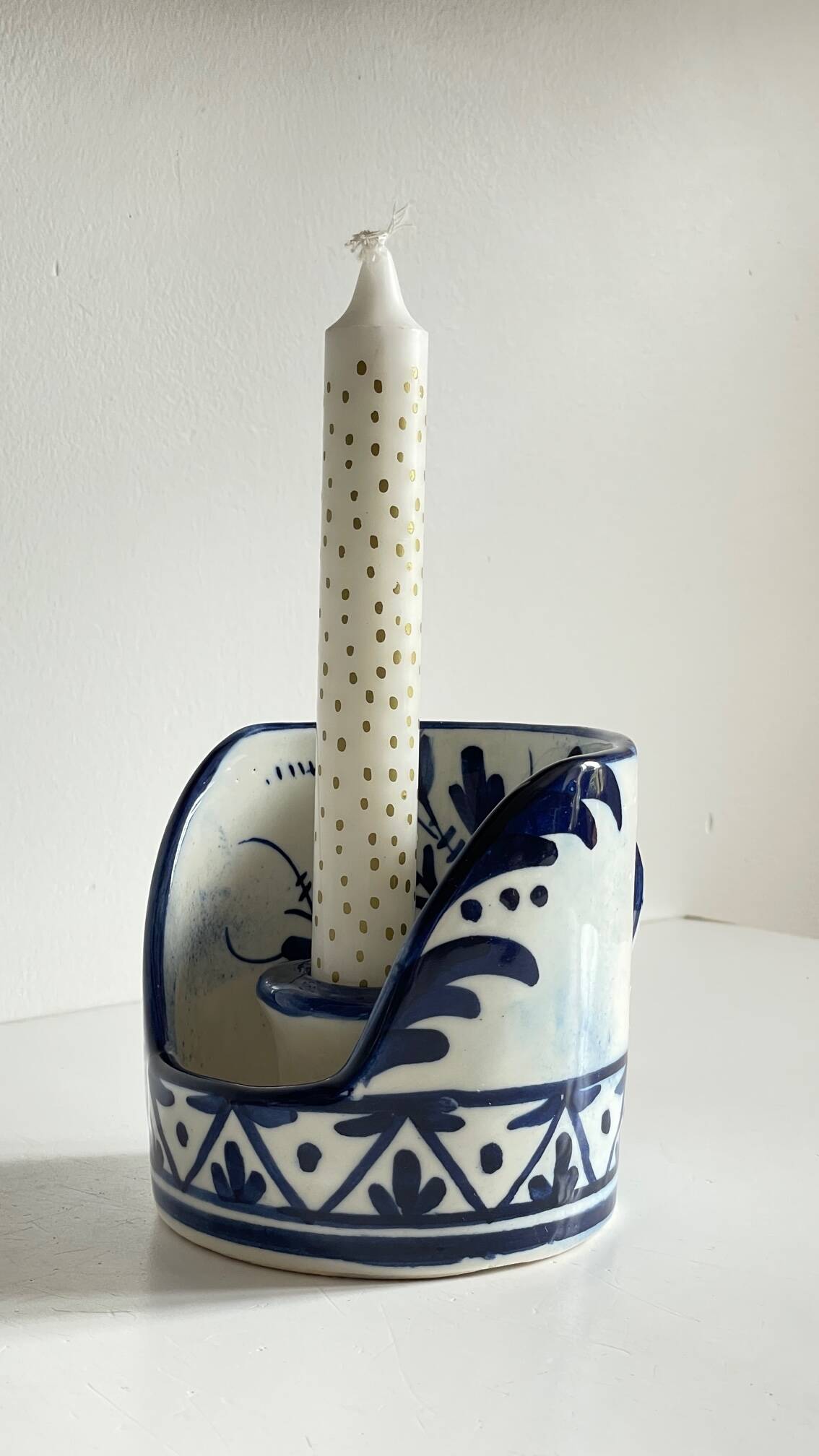 Blue ceramic hand candle holder vintage craft