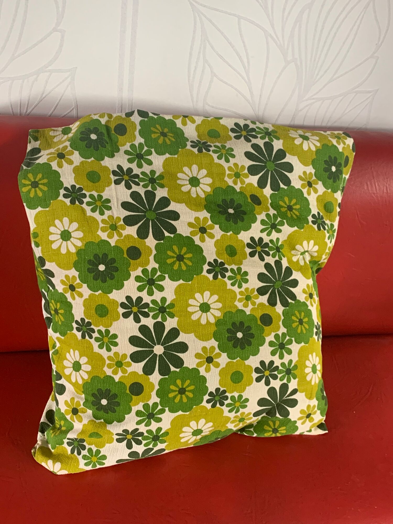 Cushion cover, green lotus flowers, vintage 1970