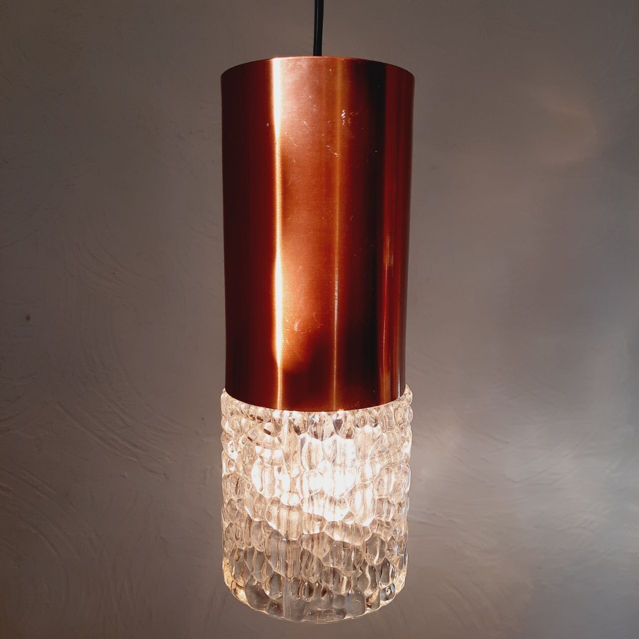 Three vintage suspension lamps, copper aluminum and glass