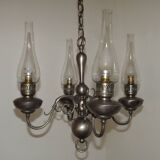 French Vintage Pewter 4 Light Flemish Chandelier Hand Blown Lantern Shades 5104