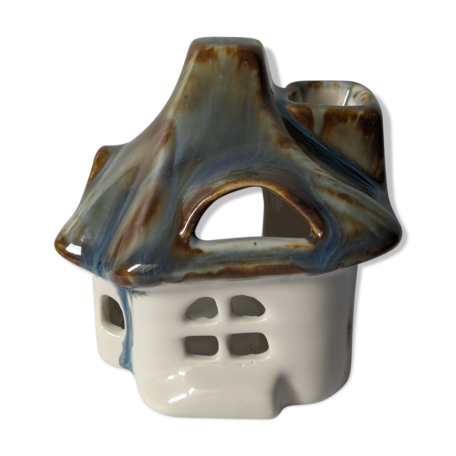 Blue and brown house-shaped photophore of Sandstone Cloud - H: 10cm