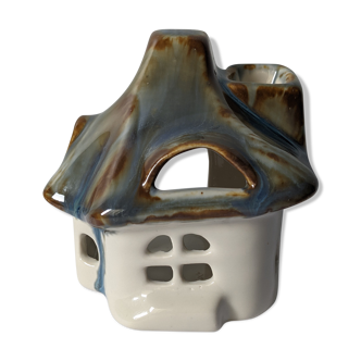Blue and brown house-shaped photophore of Sandstone Cloud - H: 10cm
