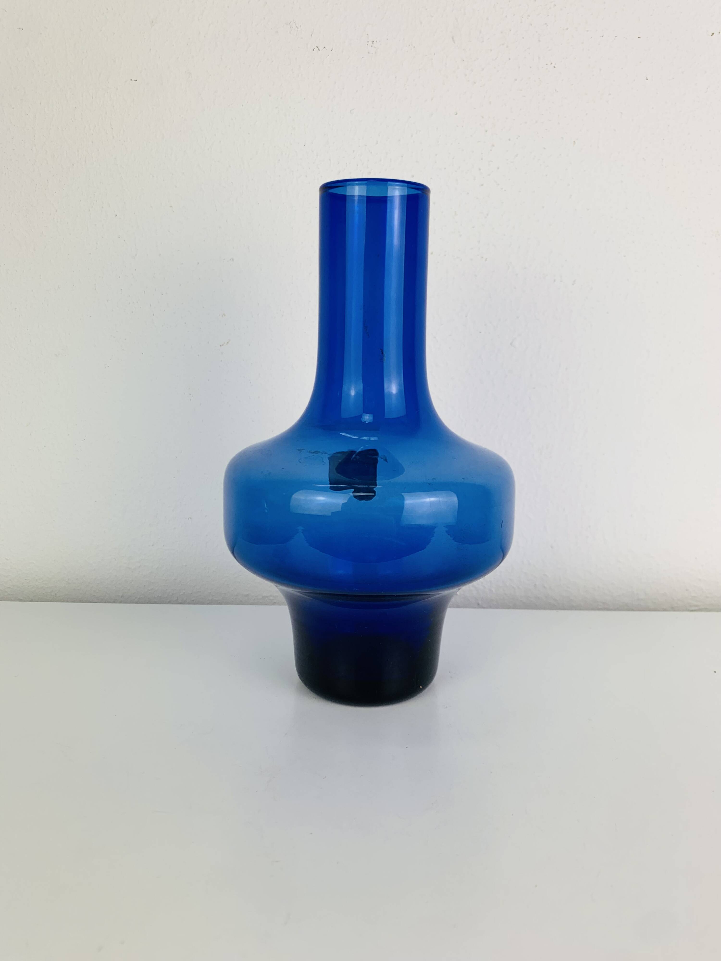 Blue glass vase in Scandinavian style from the 1960s, mouth-blown.