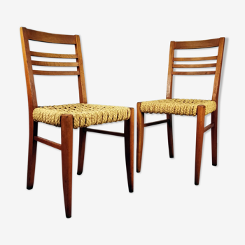 Pair of wooden chairs and rope Audoux & Minnet, 1950