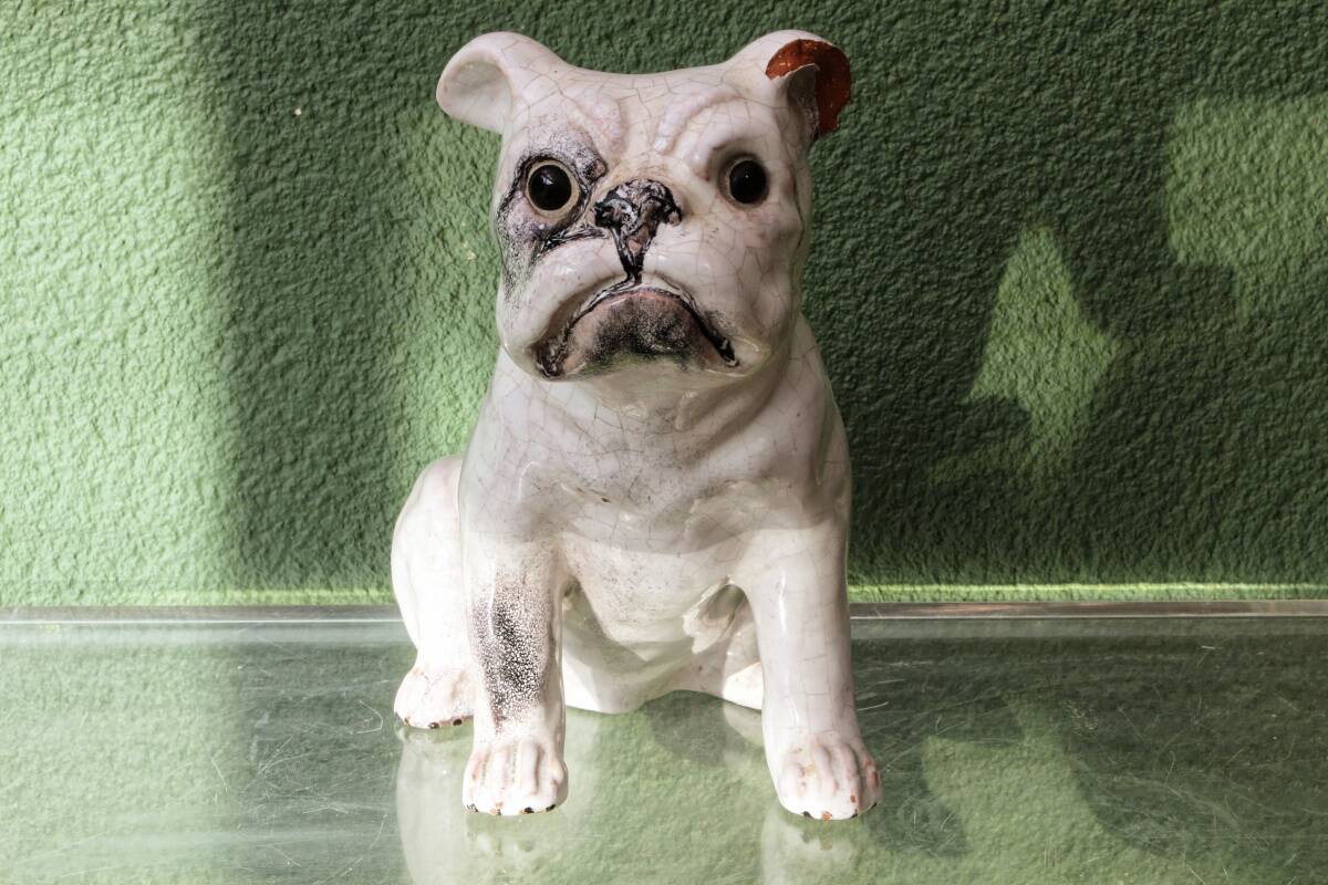 Chien, bouledogue, en terre cuite de Bavent