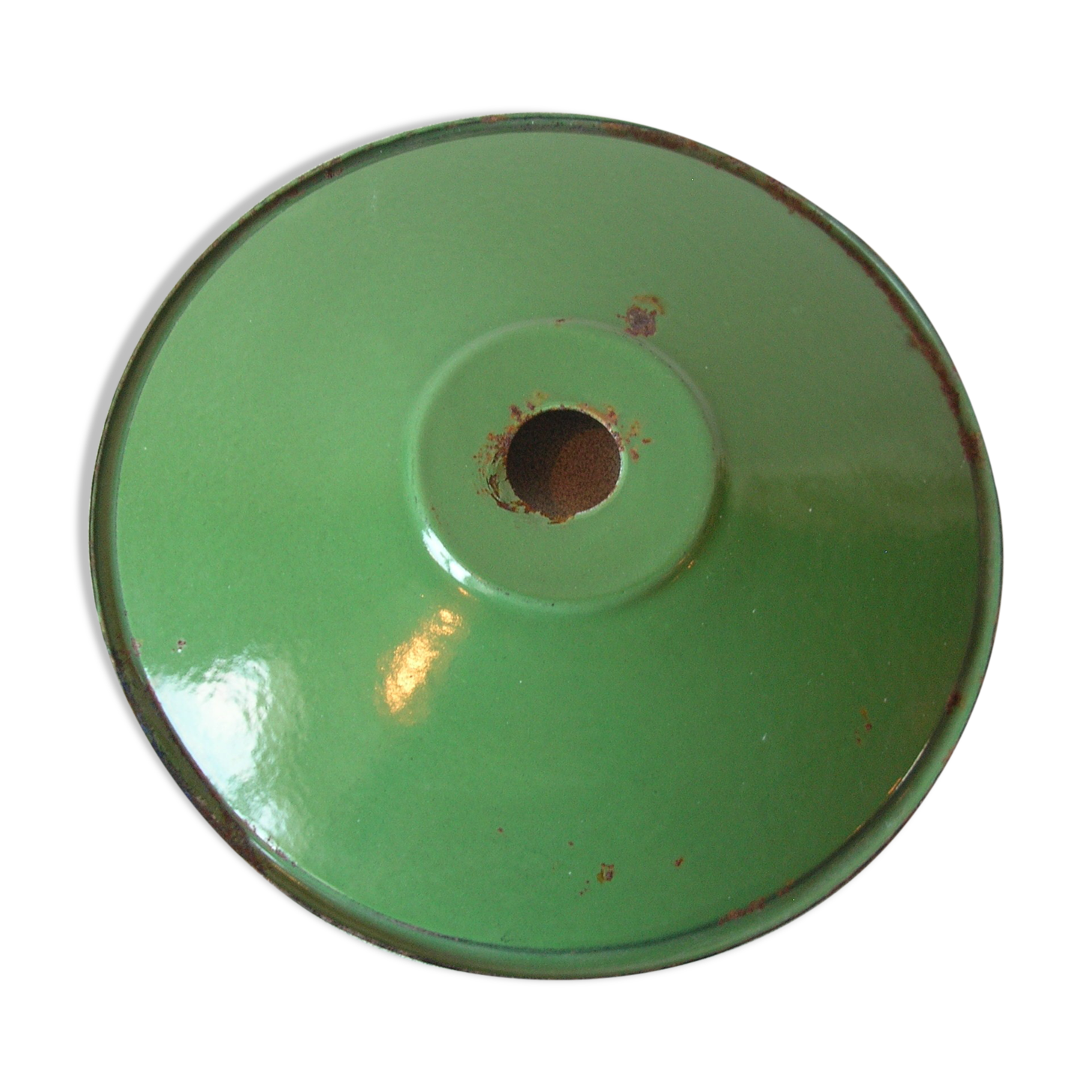 Old lampshade in green and white enamelled sheet metal deco countryside