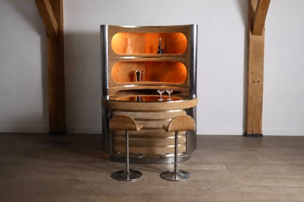 Bar en daim et chrome avec tabourets de bar en cognac par Willy Rizzo, Italie, années 1970.