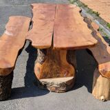 20th Century Folk Art: Brutalist Solid Wood Table with 2 Benches