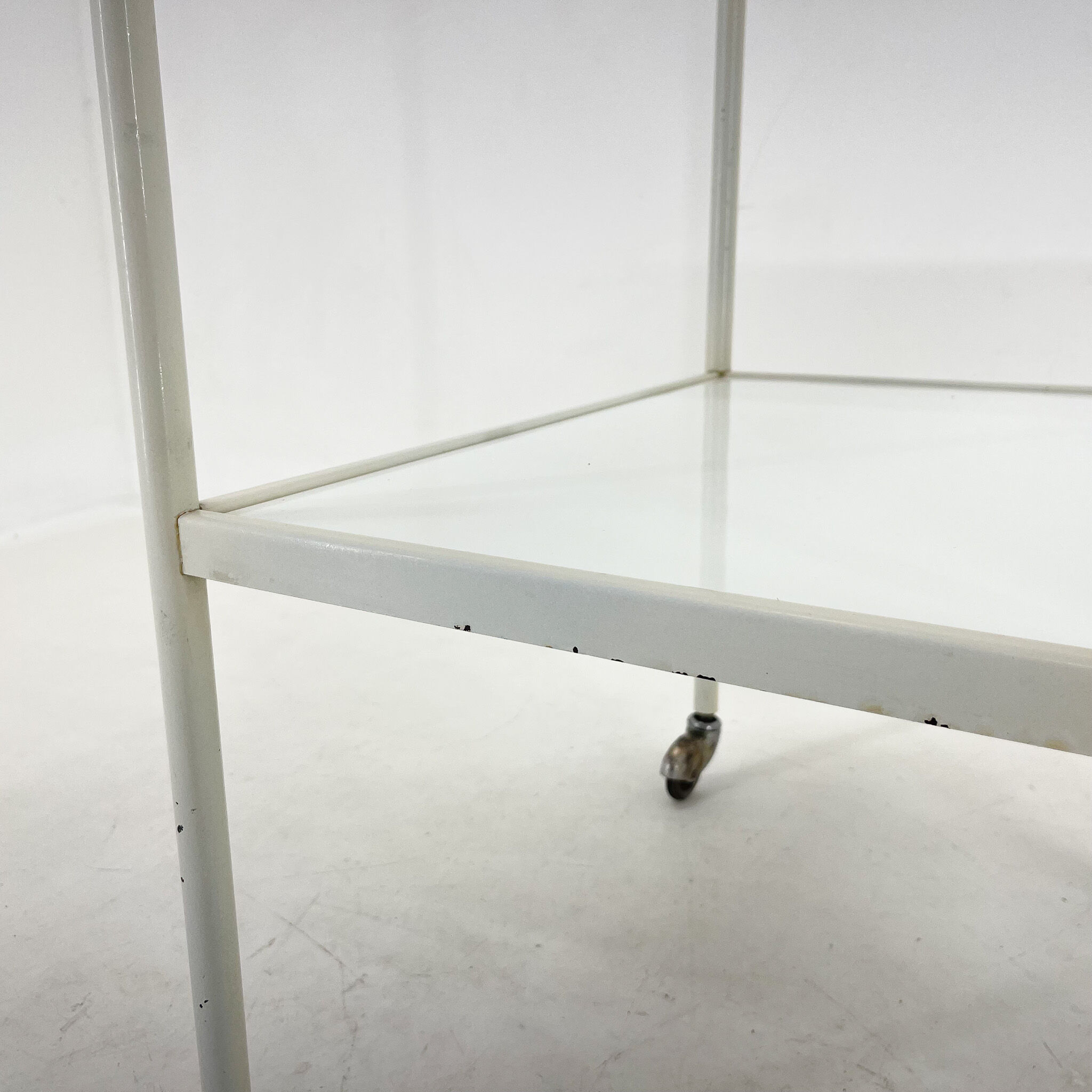 1950's hospital table, trolley on wheels with opaxite glass