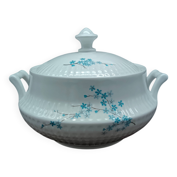 Soupière en porcelaine blanche FD Chauvigny France, motif Myosotis