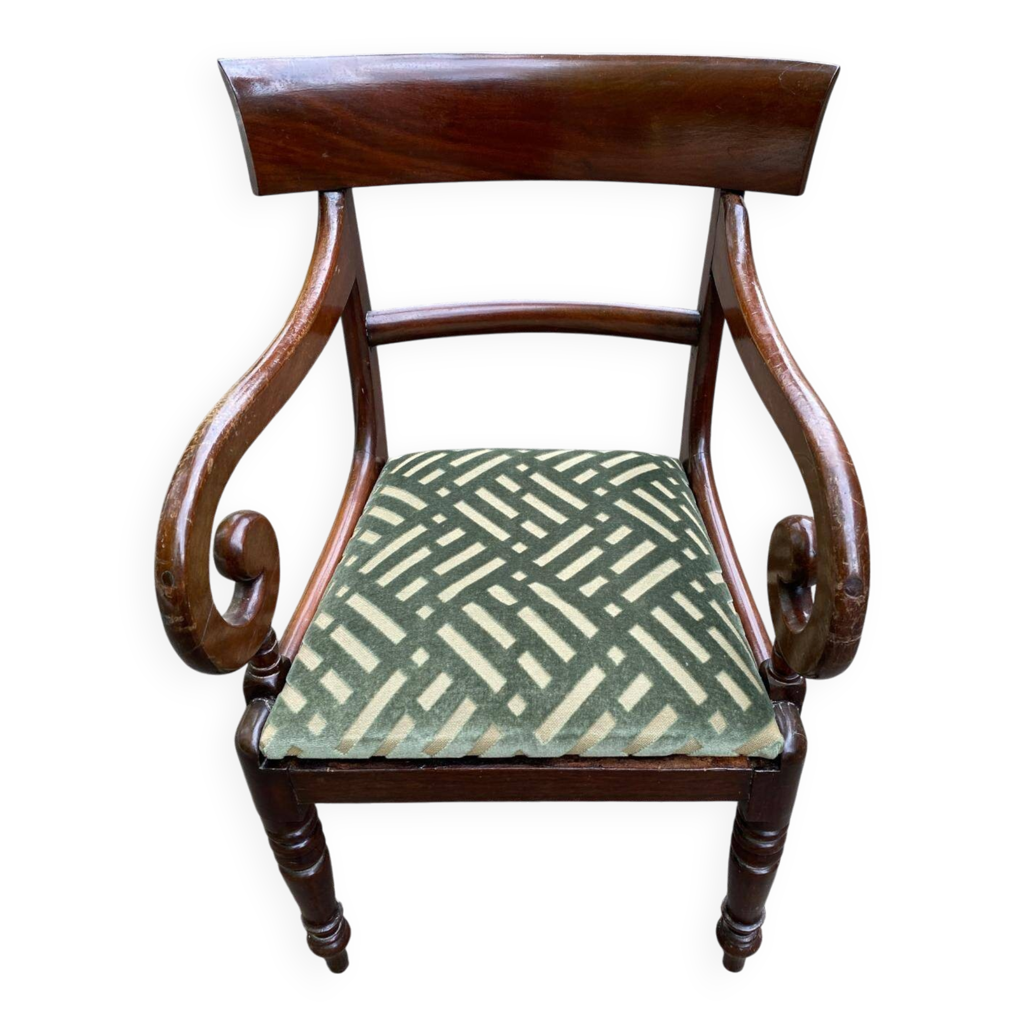 English Regency office chair in curved wood and green velvet