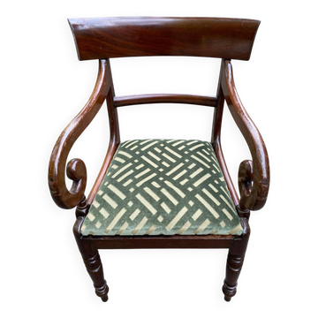 Fauteuil de bureau anglais régence bois courbé et velours vert