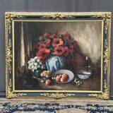 Tableau grand format. "Nature morte aux coquelicots".