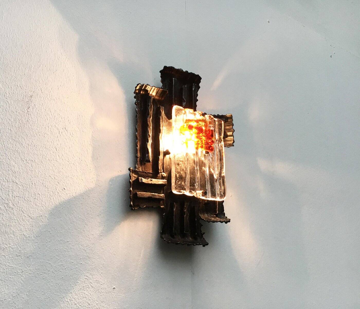 Vintage Italian brutalist wrought iron wall lamp by Albano Poli for Poliarte, set of 4.