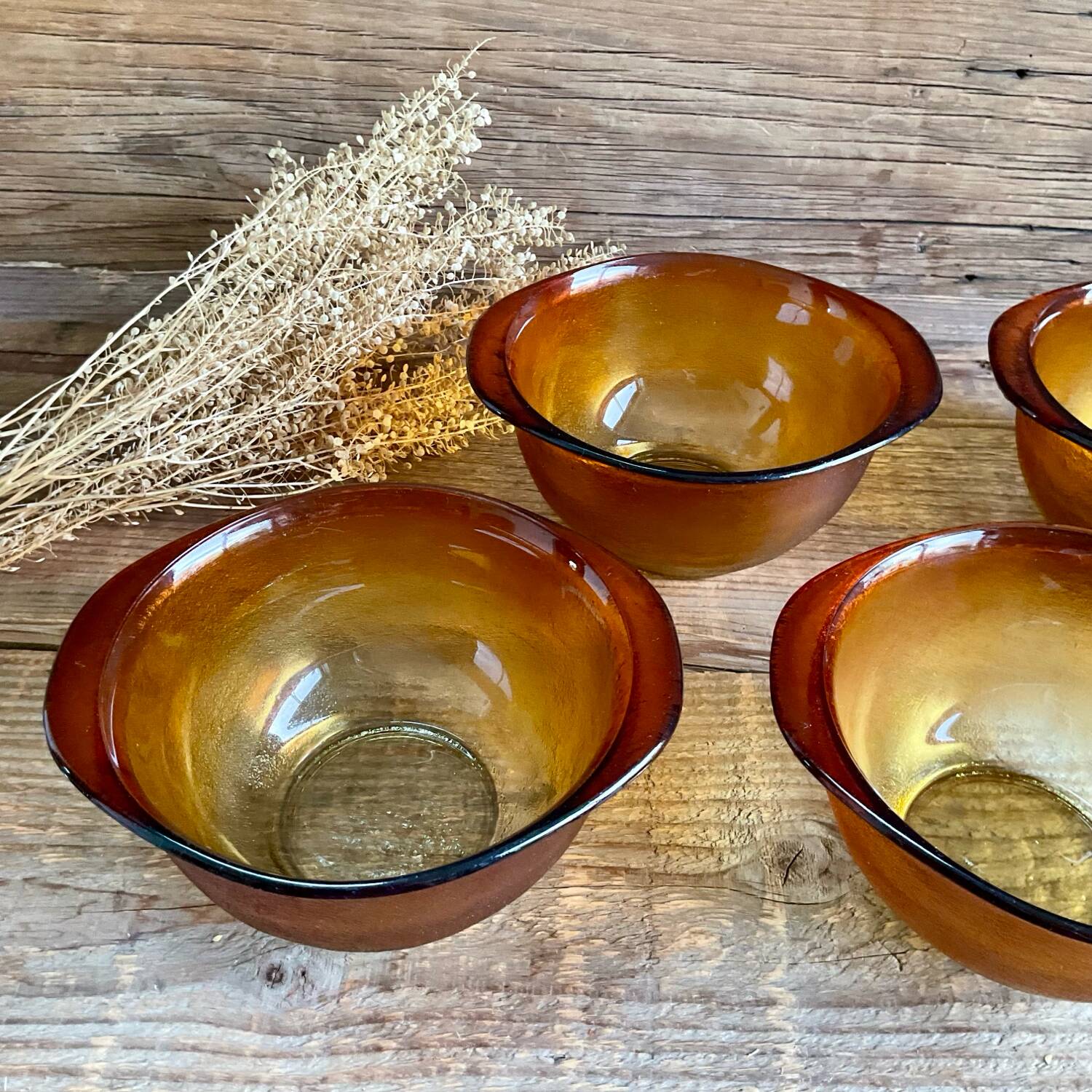 4 amber glass ear bowls