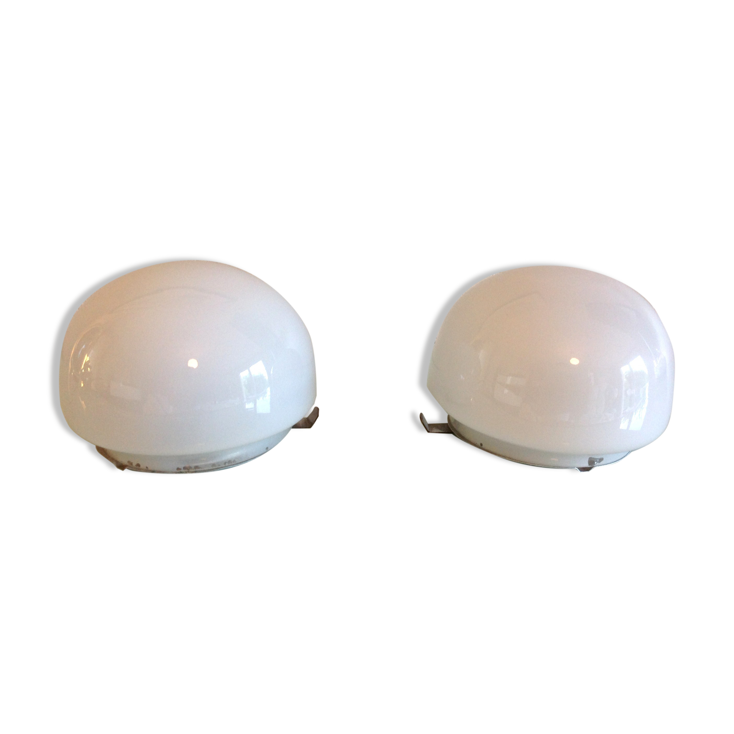 Pair of globe half moon ceiling lights in opaline vintage 60s-70s