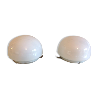 Pair of globe half moon ceiling lights in opaline vintage 60s-70s