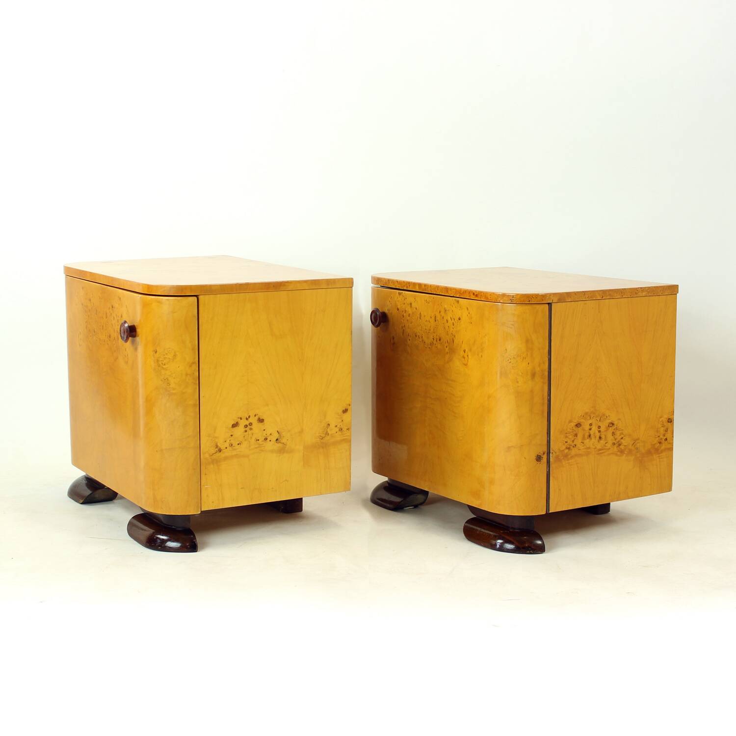 Art Deco Bedside Tables In Root Veneer, Czechoslovakia 1940s
