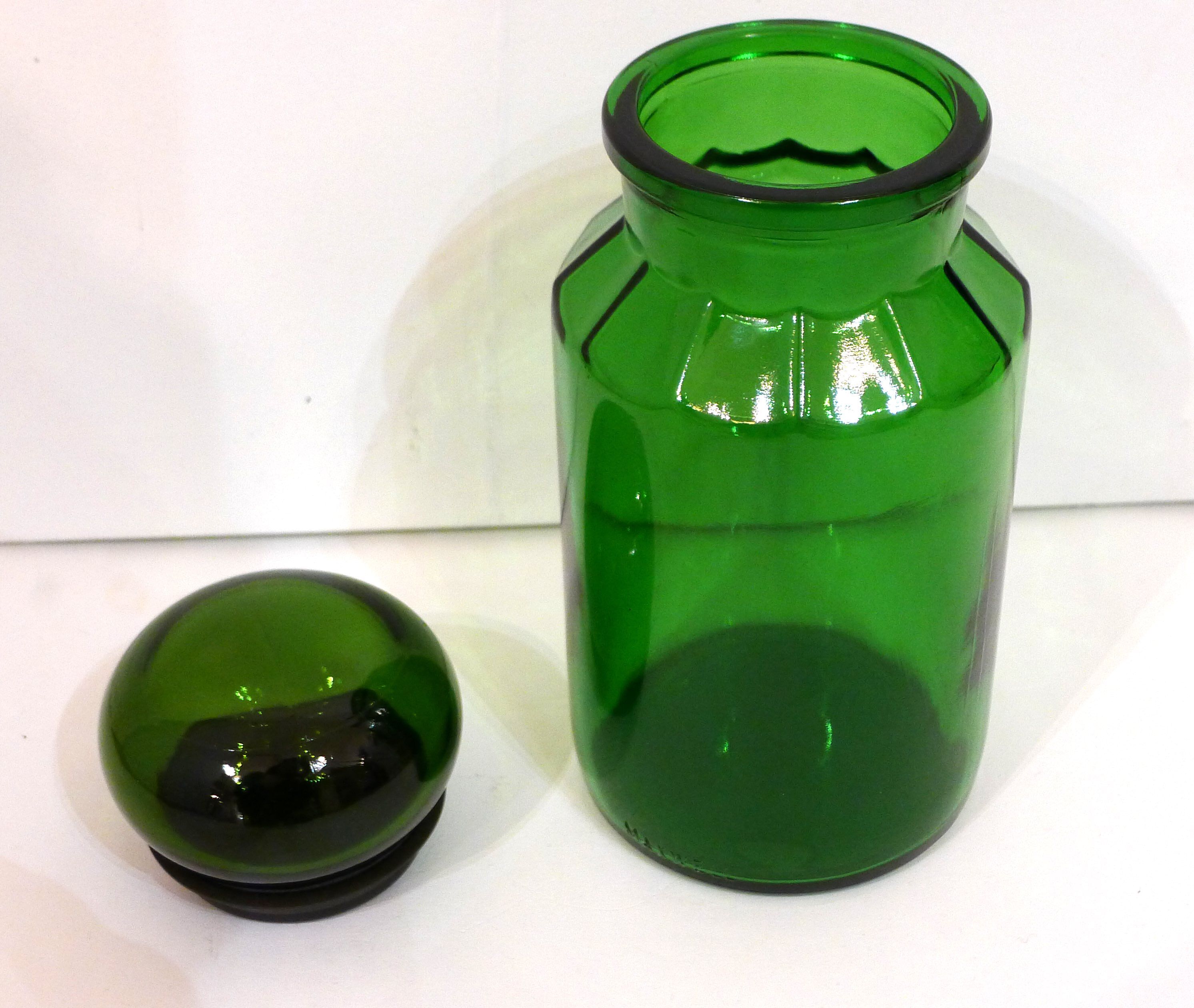 Green glass Maxwell 1960 s, style apothecary jar