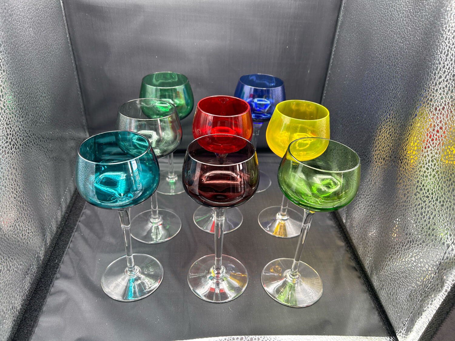 8 multicolored stemmed glasses