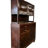 Vintage wooden display cabinet with yellow glass.