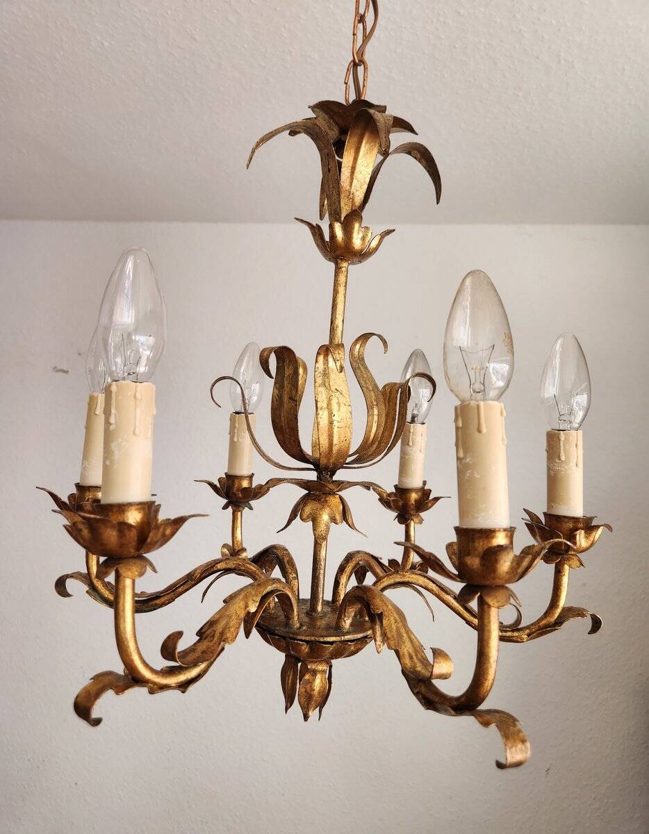 Vintage Hollywood Regency 6 light Chandelier gilded Italy Florence 1950-60