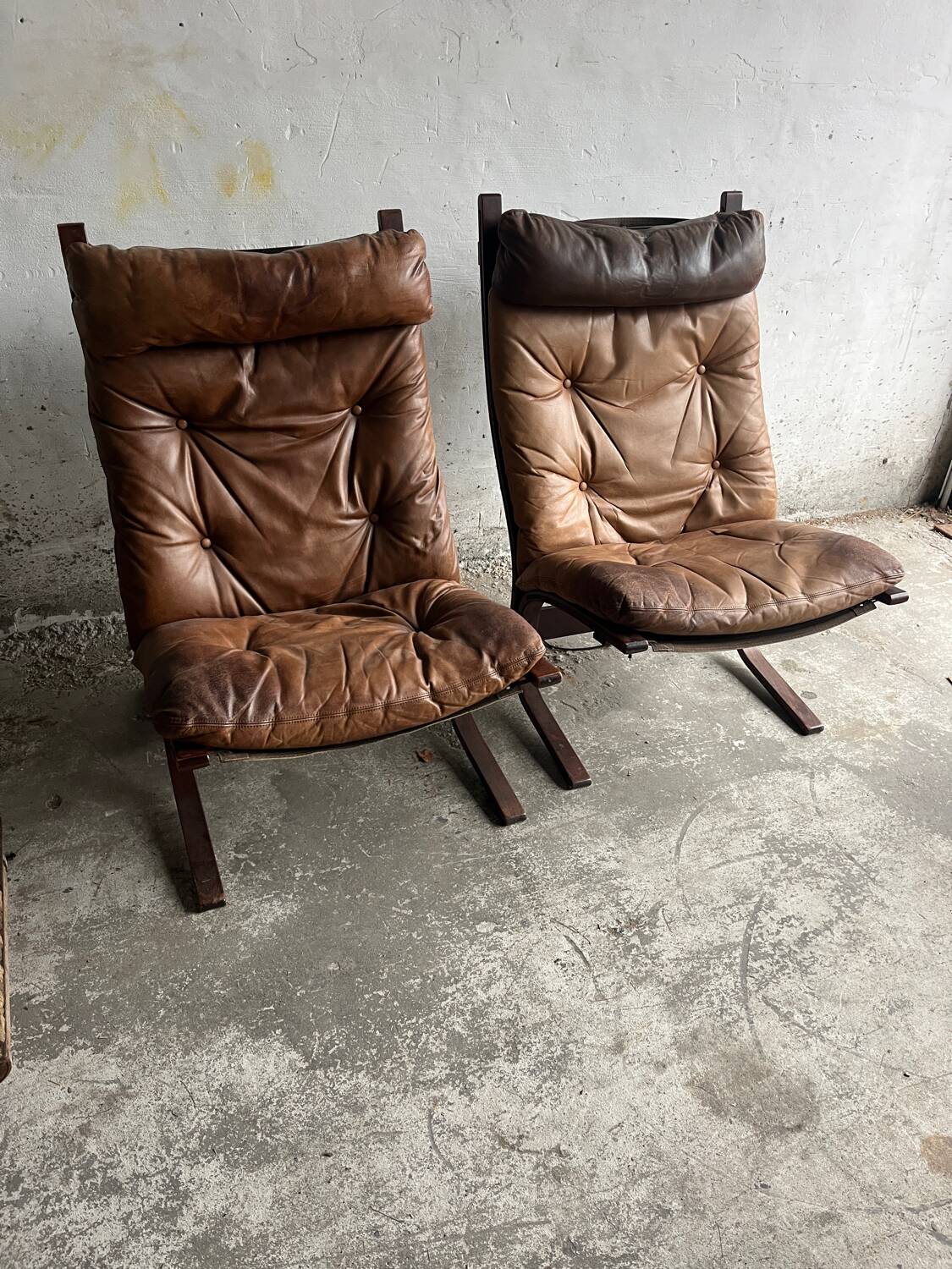 Siesta armchair by Ingmar Relling with ottoman — bentwood dark brown frame, cognac leather