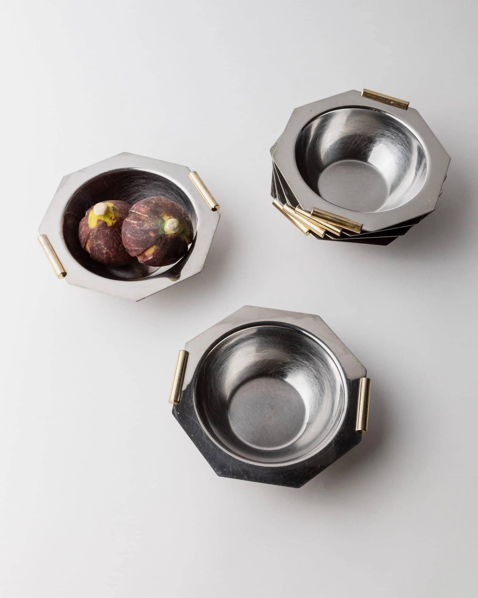 1980s vintage bowls, set of 8, stainless steel with gold handles.