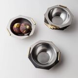 1980s vintage bowls, set of 8, stainless steel with gold handles.