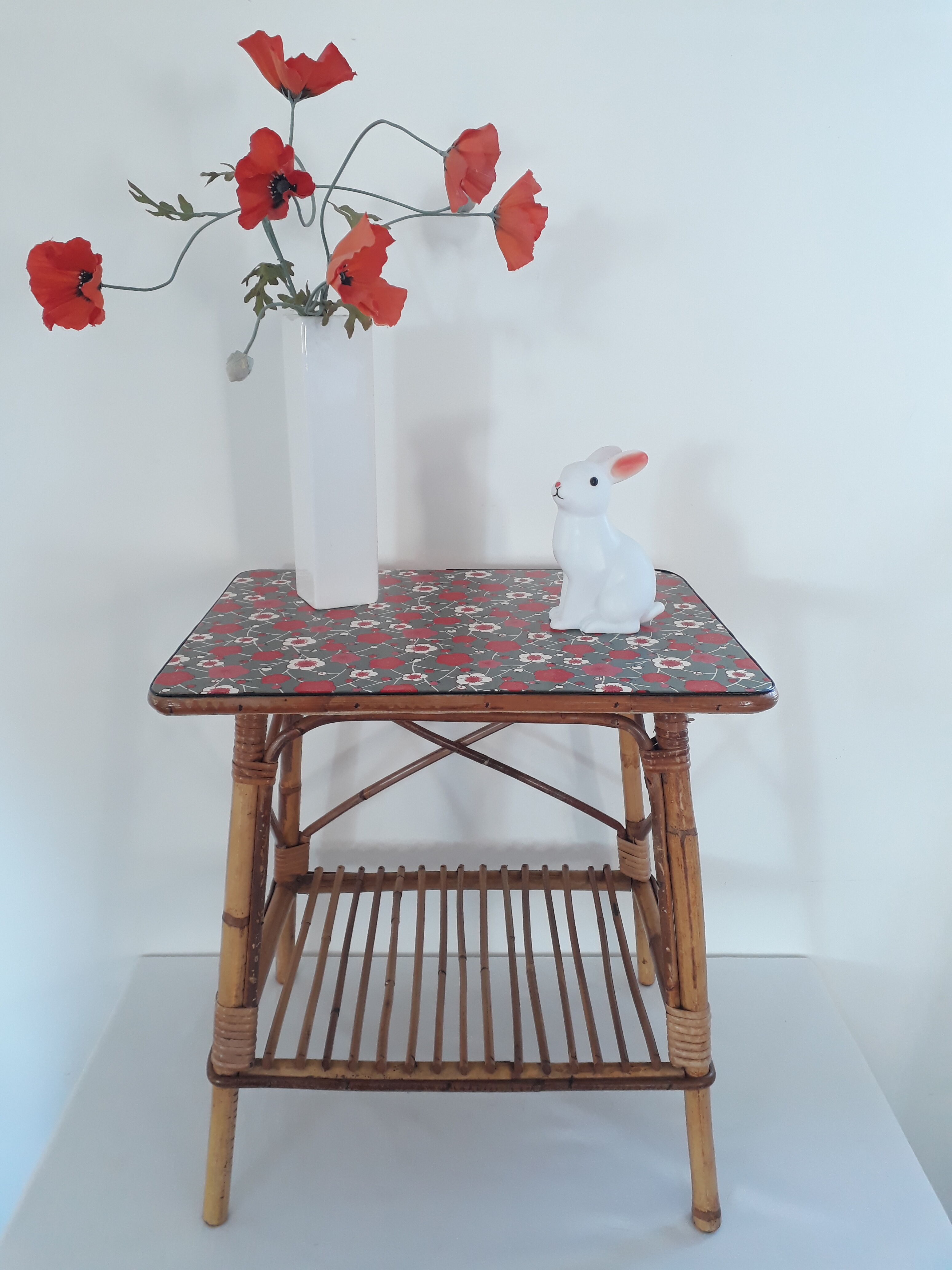 Vintage 60s/70s bedside table rattan wicker and washi paper