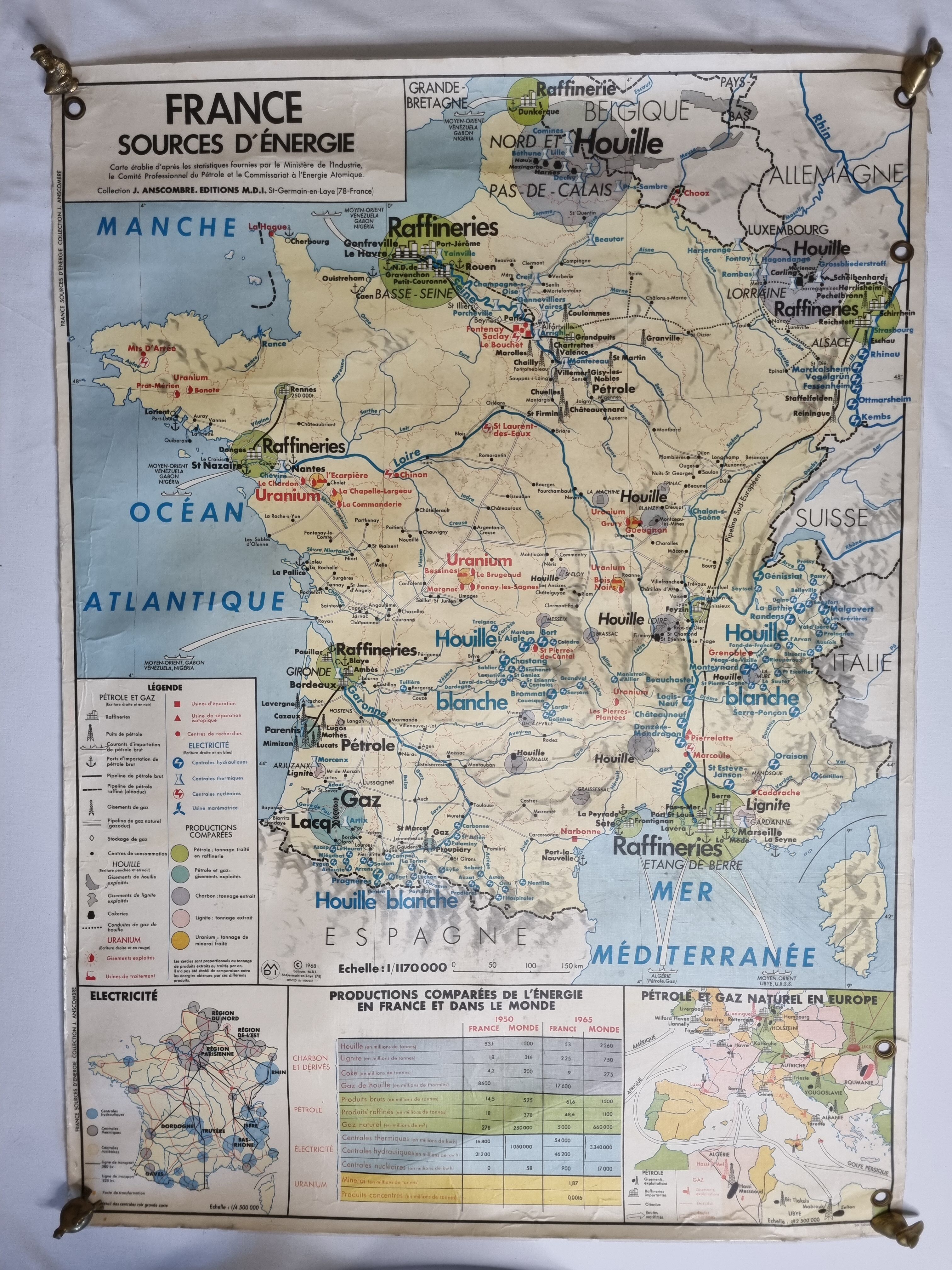 Carte de France pédagogique réversible, MDI, 1968, "Industries métallurgiques", "Sources d'énergie"