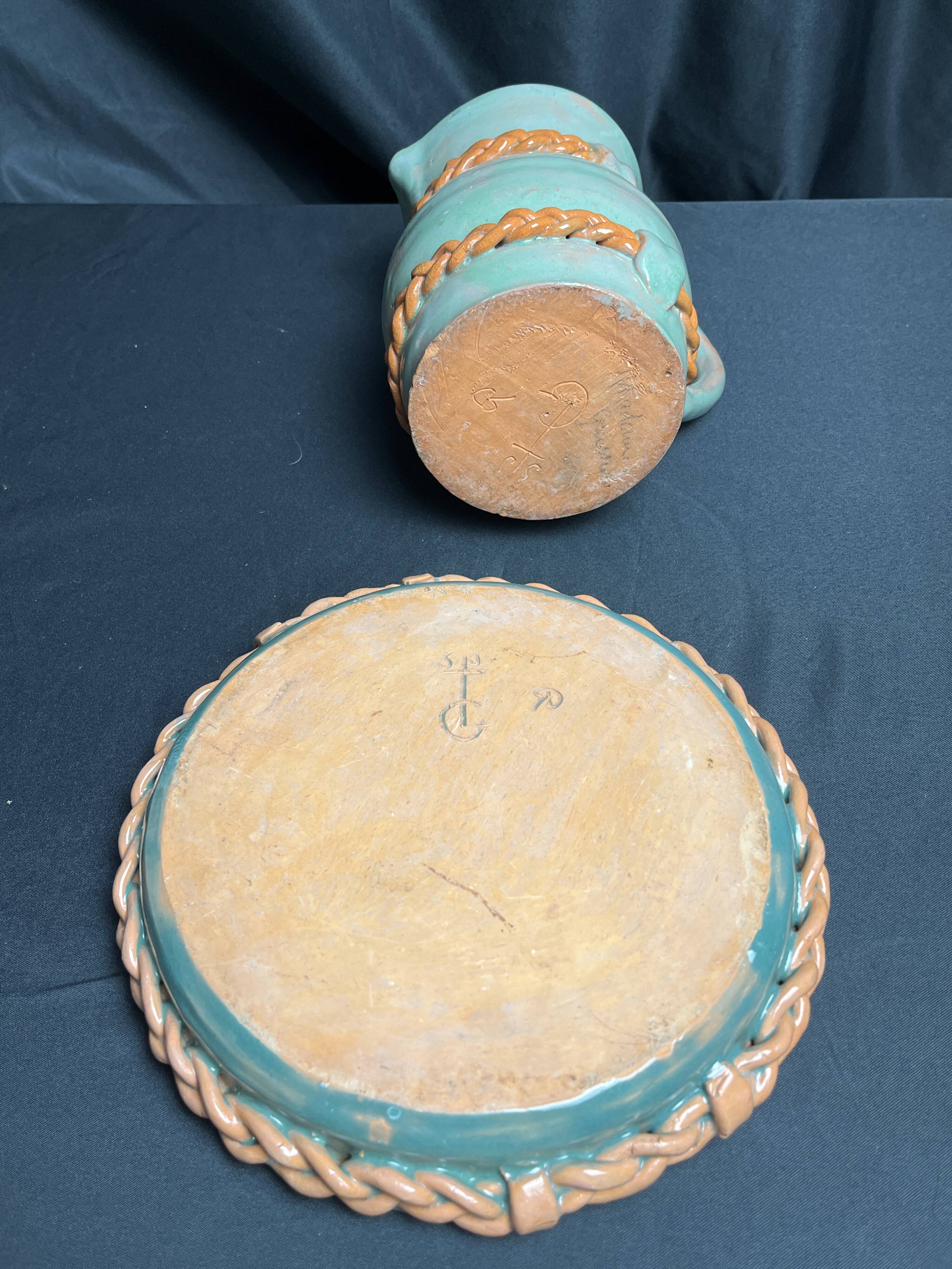 Vintage set of pitcher and saucer, Puisaye stoneware, 20th century