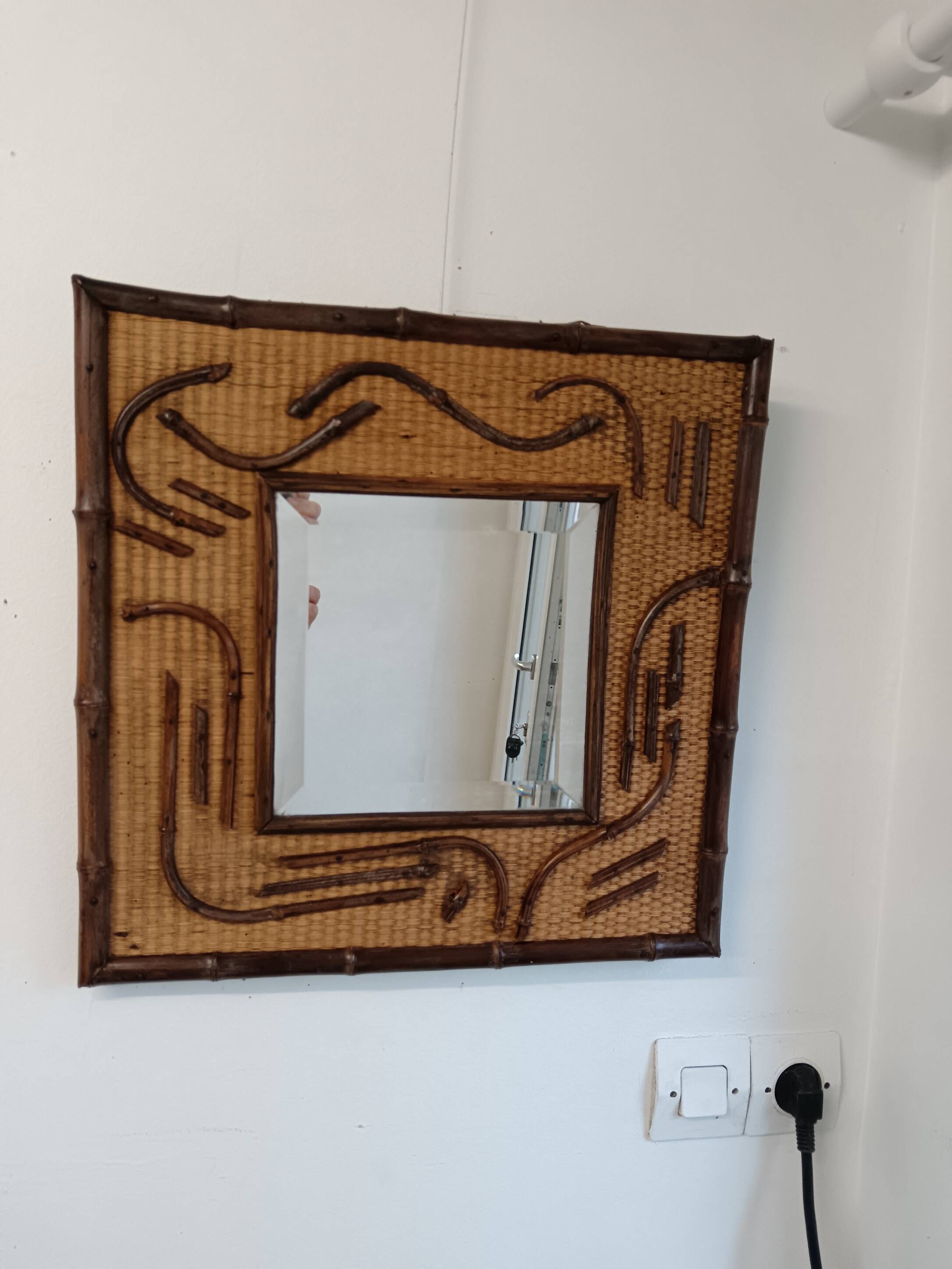 2-tone beveled square wood and rattan mirror