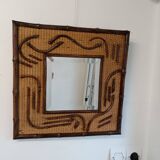 2-tone beveled square wood and rattan mirror