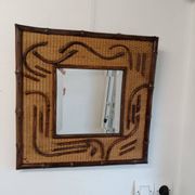 Miroir bois et rotin carré biseauté 2 tons