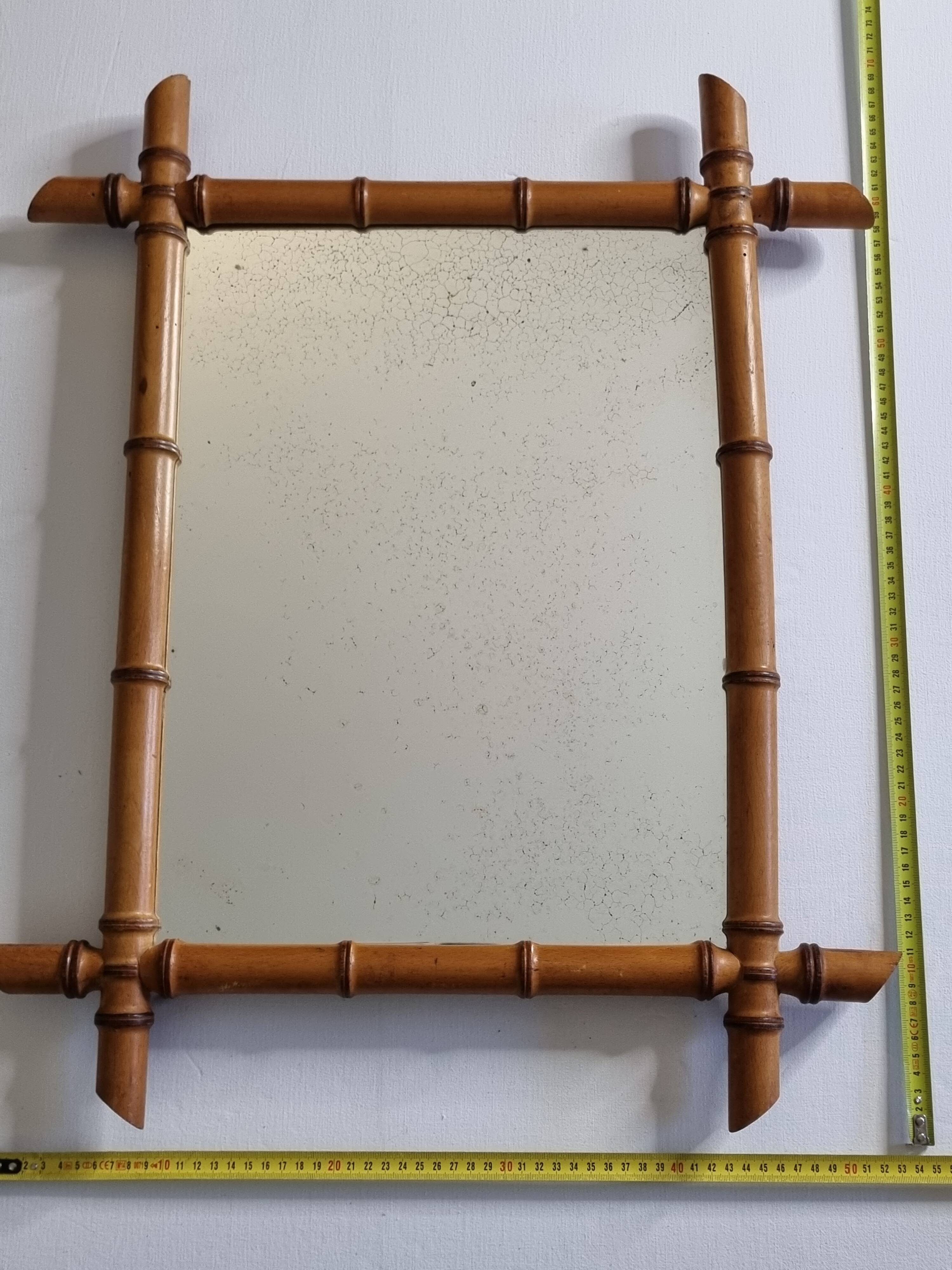 Antique mirror in turned bamboo-style wood, late 19th century, 69 x 53 cm