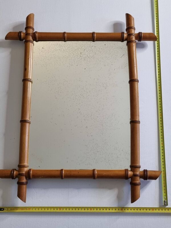 Miroir ancien en bois tourné façon bambou, fin XIXe siècle, 69 x 53 cm