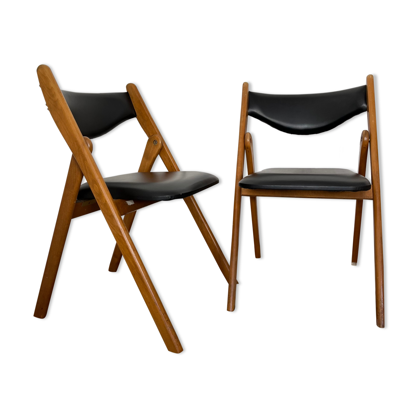 2 folding chairs wood and skaï