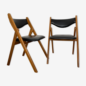 2 folding chairs wood and skaï