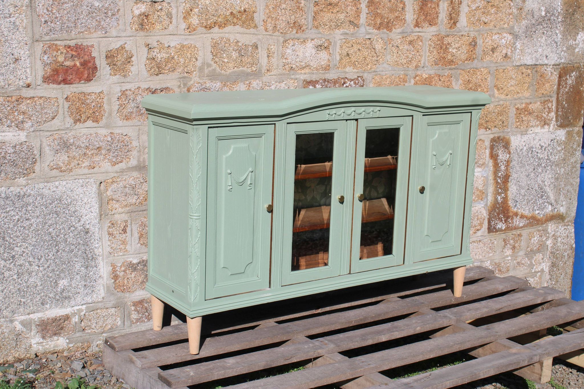 Renovated vintage sage green enfilade – wooden legs & bevelled display cabinets