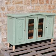 Renovated vintage sage green enfilade – wooden legs & bevelled display cabinets