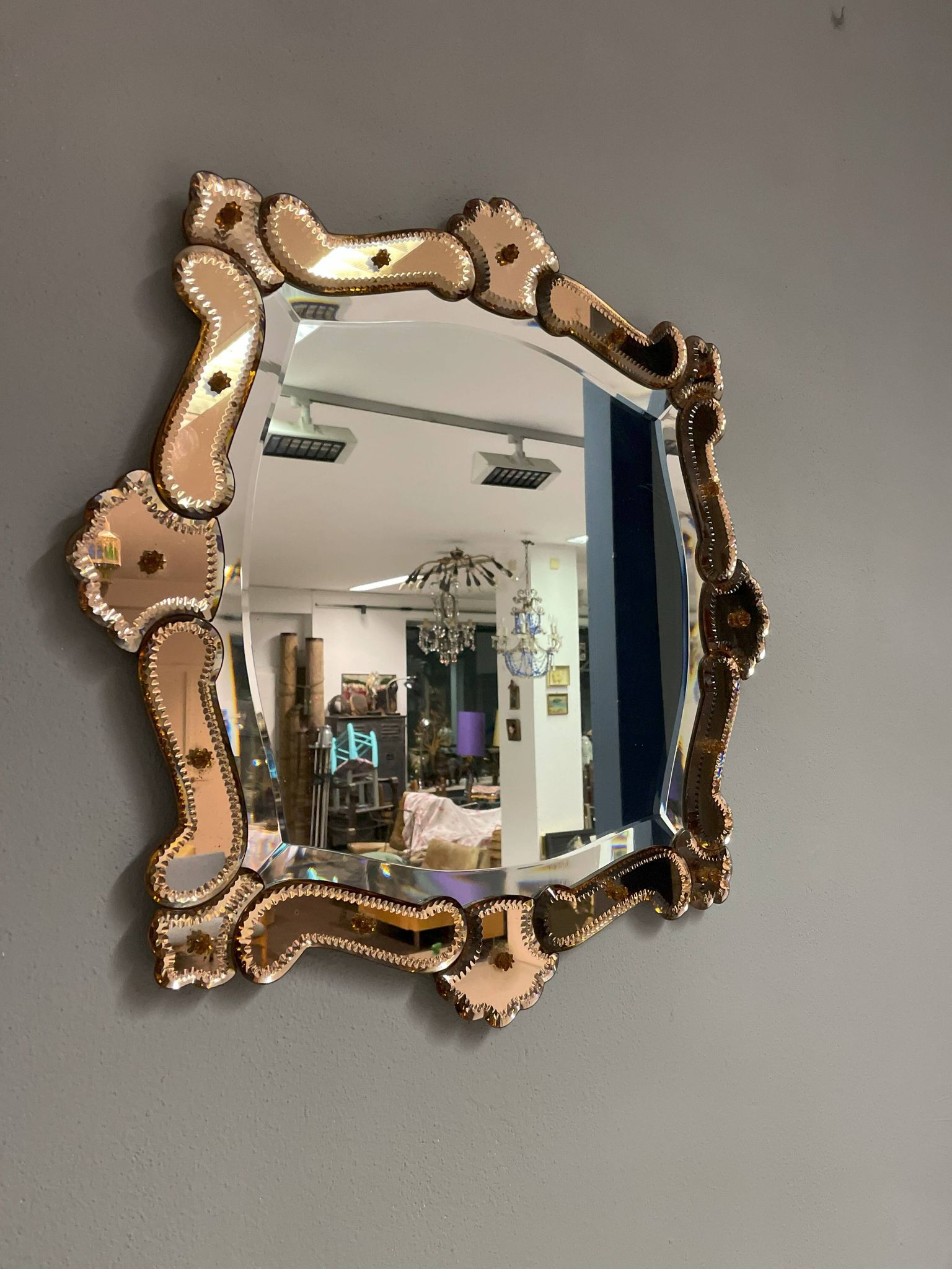Venetian Quadratic Mirror with Rosé Rauchglass Frame