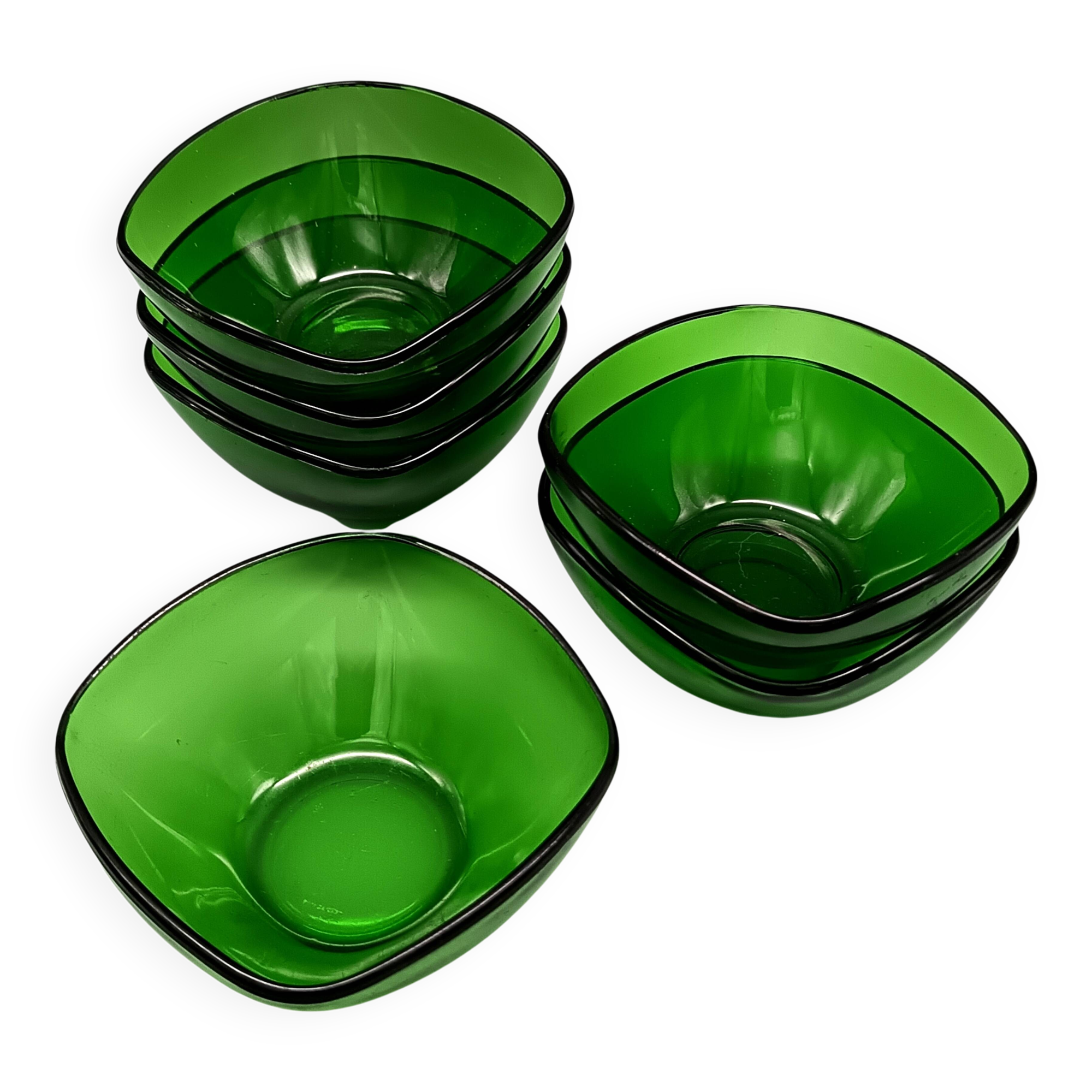 6 Vereco emerald green dessert bowls, vintage France